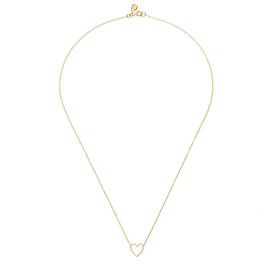 Love Me Tender Heart necklace in gold, featuring an adorable open heart. Full view.