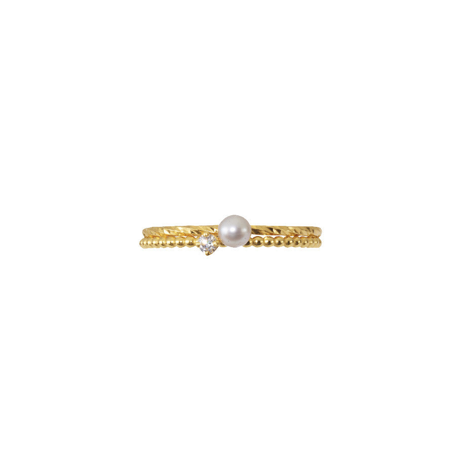 Lily White Diamond and London Mist Mini Grey Pearl Stacking duo in gold.