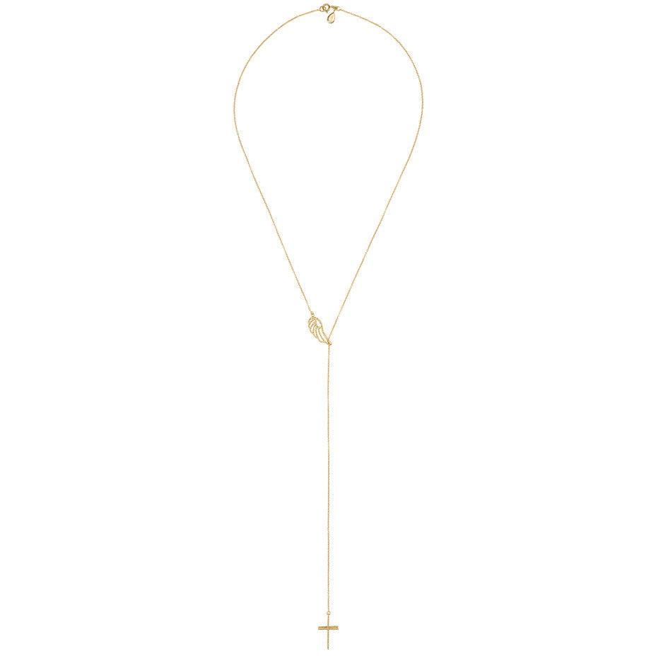 Angel Wing and Cross Lariat necklace in gold, featuring a 3-d lace effect cross hanging beneath a delicate angel wing. Full view. 