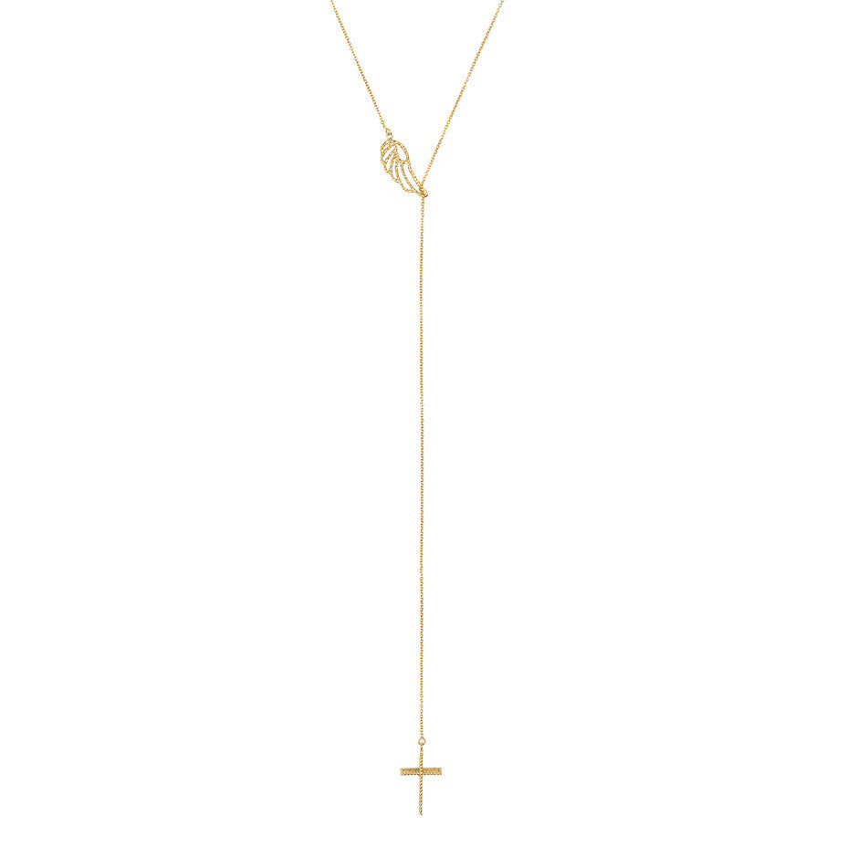Angel Wing and Cross Lariat necklace in gold, featuring a 3-d lace effect cross hanging beneath a delicate angel wing. Lariat drop detail.