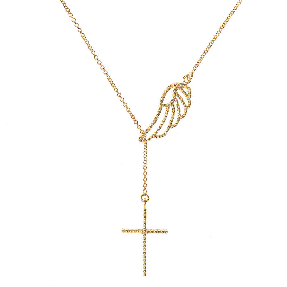 Angel Wing and Cross Lariat necklace in gold, featuring a 3-d lace effect cross hanging beneath a delicate angel wing.  