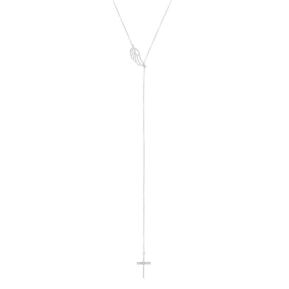 Angel Wing and Cross Lariat necklace in silver, featuring a 3-d lace effect cross hanging beneath a delicate angel wing. Lariat drop detail.